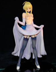 Rule 34 | 00s, 1girl, artoria pendragon (all), artoria pendragon (fate), blonde hair, breasts, choker, clothes lift, fate/stay night, fate (series), figure, garter belt, gloves, high heels, lifting own clothes, lingerie, nipples, photo (medium), saber (fate), shoes, skirt, skirt lift, small breasts, solo, thighhighs, topless, underwear, wonder festival, wonder festival 2005