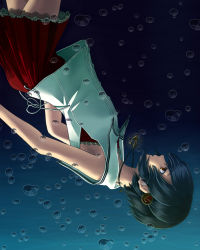 Rule 34 | 1girl, air bubble, anchor necklace, anchor print, brown eyes, bubble, commentary request, from side, hair ornament, jewelry, nakanobe mayumi, necklace, official art, pleated skirt, profile, red skirt, sailor collar, shio kouji (shiokojii), shirt, shizuku no oto, skirt, sleeveless, sleeveless shirt, solo, underwater, upside-down, white shirt