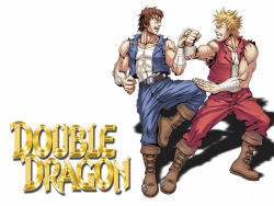 Rule 34 | 1980s (style), 2boys, angry, arc system works, armband, billy lee, blonde hair, boots, brothers, brown hair, double dragon, duel, highres, jimmy lee, logo, male focus, manly, martial arts, mullet, multiple boys, muscular, official art, retro artstyle, promotional art, retro artstyle, siblings, spiked hair, training, vest