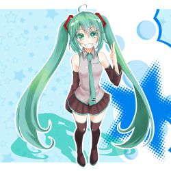Rule 34 | 1girl, ahoge, aoi (kiyokiyoaomushi), black thighhighs, blush, breasts, colored eyelashes, detached sleeves, green eyes, green hair, grin, hatsune miku, highres, long hair, looking at viewer, matching hair/eyes, necktie, skirt, smile, solo, thighhighs, twintails, very long hair, vocaloid