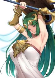 Rule 34 | 1girl, ancient greek clothes, armlet, armpits, arms up, bare shoulders, bracelet, bracer, breasts, chiton, circlet, cleavage, closed mouth, commentary request, dress, forehead jewel, gem, gold, green eyes, green hair, hair ornament, head tilt, holding, holding shield, jewelry, kamaboko (ossann0125), kid icarus, kid icarus uprising, large breasts, long hair, looking at viewer, neck ring, nintendo, palutena, shield, simple background, solo, staff, strapless, strapless dress, upper body, very long hair, weapon, white background, white dress