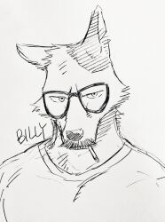 Rule 34 | 1boy, animal ears, bara, billy russell (dickfish), cigarette, cropped torso, dickfish (fishismdick), dog boy, dog ears, facial hair, furrification, furry, furry male, glasses, highres, large pectorals, looking at viewer, male focus, mature male, muscular, muscular male, mustache, original, pectorals, scan, sketch, solo, traditional media