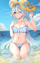 Rule 34 | 1girl, absurdres, aongumz, bare arms, bare shoulders, beach, bikini, blue bikini, blue eyes, blue hair, blue sky, blush, breasts, cleavage, cloud, commentary, day, feet out of frame, furina (genshin impact), genshin impact, hand on own chest, hand up, hat, highres, long hair, looking at viewer, medium breasts, navel, ocean, outdoors, sitting, sky, solo, stomach, sun hat, swimsuit, thighs, very long hair, water, white hat