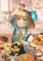 Rule 34 | 1girl, :o, absurdres, aqua eyes, aqua flower, aqua vest, blurry, blurry background, cake, cake slice, chinese text, collared shirt, cup, english text, flower, food, hair flower, hair ornament, hat, heterochromia, highres, holding, holding cup, holding spoon, light brown hair, light particles, long sleeves, looking up, medium hair, neck ribbon, open mouth, original, parfait, plate, ribbon, seisaiminty, shirt, short hair, signature, solo, spoon, teeth, upper teeth only, watermark, white hat, white shirt, yellow eyes, yellow ribbon