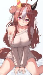 Rule 34 | 1girl, absurdres, ahoge, animal ears, breasts, brown hair, casual, collarbone, copano rickey (umamusume), double bun, ear covers, hair between eyes, hair bun, hair ornament, highres, horse ears, horse girl, horse tail, large breasts, long hair, long sleeves, looking at viewer, multicolored hair, official alternate costume, single bare shoulder, sitting, solo, sweater, tail, take978733141, umamusume, wariza, white hair