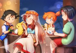 Rule 34 | 2boys, 2girls, ;), ash ketchum, black hair, black shirt, blue eyes, blue shirt, brown hair, closed mouth, collared shirt, creatures (company), fingerless gloves, food, frown, game freak, gen 1 pokemon, gen 2 pokemon, gloves, green gloves, green shirt, head rest, headband, highres, holding, holding food, jealous, lens flare, long hair, low twintails, melody (pokemon), misty (pokemon), multiple boys, multiple girls, nintendo, one eye closed, orange hair, pikachu, pokemon, pokemon (anime), pokemon (classic anime), pokemon (creature), pokemon heroes: latios &amp; latias, pokemon the movie 2000: the power of one, red headband, red shorts, shirt, short hair, short shorts, short sleeves, shorts, sitting, skirt, sleeveless, sleeveless shirt, smile, suspenders, togepi, tracey sketchit, twintails, v-shaped eyebrows, white shirt, white skirt, wing collar, yellow shirt, yuki56
