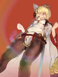 Rule 34 | 1girl, 2equal8, animal ears, blonde hair, blush, brown eyes, cameltoe, detached sleeves, erune, from below, granblue fantasy, highres, japanese clothes, pantyhose, pee, peeing, peeing self, pussy juice, red background, sash, scabbard, sheath, solo, sweat, vajra (granblue fantasy), wet, wet clothes