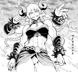 Rule 34 | 1girl, abs, artist name, bare shoulders, belt, black nails, bracelet, braid, breasts, chain, collar, cowboy shot, crop top, extra arms, gluteal fold, greyscale, grin, highres, horns, jewelry, looking at viewer, looking down, medium breasts, midriff, monochrome, muscular, muscular female, nail polish, navel, original, pointy ears, sharp teeth, sleeveless, smile, smoke from mouth, solo, spiked bracelet, spikes, standing, teeth, thighs, twin braids, underwear, websake, wrist chain