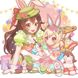 Rule 34 | 2girls, :d, ahoge, alternate costume, amber (genshin impact), animal ears, arm support, baron bunny (genshin impact), bow, brown eyes, brown hair, calligraphy brush, commentary request, dress, easter, easter egg, egg, fake animal ears, flower, frilled dress, frills, genshin impact, gloves, hair between eyes, hair flower, hair ornament, hat, hat bow, hat ornament, hat ribbon, highres, holding, holding brush, indian style, jumpy dumpty, karanashi mari, klee (genshin impact), light brown hair, lolita fashion, long hair, looking at another, low twintails, multiple girls, open mouth, orange eyes, paintbrush, palette (object), pink dress, pointy ears, puffy short sleeves, puffy sleeves, rabbit ears, ribbon, short sleeves, sidelocks, sitting, smile, spread legs, stuffed animal, stuffed rabbit, stuffed toy, top hat, trait connection, twintails, white gloves