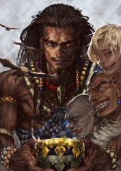 Rule 34 | 1girl, 3boys, armlet, bald, banzai (the lion king), bird, black hair, blonde hair, bone earrings, bracelet, brown eyes, colored skin, crown, dark-skinned male, dark skin, earrings, ed (the lion king), facial hair, grey eyes, grey skin, grin, hair tubes, highres, holding, holding crown, jewelry, licking lips, liver spots, long hair, looking at viewer, multiple boys, necklace, personification, scar, scar (the lion king), scar across eye, scar on face, shenzi, shita to hidari, smile, tan, the lion king, tongue, tongue out, vulture