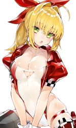 Rule 34 | 10s, 1girl, absurdres, ahoge, blonde hair, blush, bow, breasts, chestnut mouth, choker, cleavage, collarbone, fate/extra, fate (series), gloves, green eyes, hair between eyes, hair bow, hair intakes, highres, kou mashiro, large breasts, leotard, long hair, looking at viewer, nero claudius (fate), nero claudius (fate) (all), nero claudius (fate/extra), official alternate costume, open mouth, ponytail, puffy short sleeves, puffy sleeves, red bow, red legwear, short sleeves, simple background, solo, thigh strap, white background, white gloves, white leotard