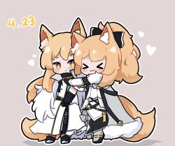 Rule 34 | &gt; &lt;, 2girls, :3, animal ear fluff, animal ears, arknights, black bow, black gloves, blemishine (arknights), blonde hair, blush, bow, cape, commentary, dated, dress, elbow gloves, english commentary, full body, fur-trimmed cape, fur trim, gloves, grey background, grey cape, hair bow, horse ears, horse girl, horse tail, hug, kurotofu, long hair, multiple girls, nearl (arknights), nearl the radiant knight (arknights), outline, ponytail, siblings, simple background, sisters, standing, tail, white dress, white outline