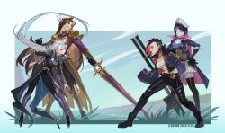 4girls agune_p arcane:_league_of_legends arcane_caitlyn arcane_vi brown_hair caitlyn_(league_of_legends) chest_sarashi diana_(league_of_legends) fighting_stance gauntlets grey_hair hat highres league_of_legends leaning_forward leona_(league_of_legends) long_hair multiple_girls peaked_cap sarashi skirt smile sword very_long_hair vi_(league_of_legends) weapon