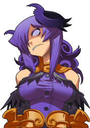 Rule 34 | 1girl, armor, armored dress, bad id, bad tumblr id, bare shoulders, breasts, crazy eyes, curly hair, demon girl, elbow gloves, gloves, hair over one eye, horns, large breasts, long hair, matsuda yuusuke, nise maou kanizeru, original, purple eyes, purple hair, sharp teeth, solo, taut clothes, teeth, upper body, yuusha to maou