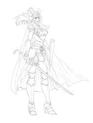 Rule 34 | 1girl, absurdres, armor, dissidia final fantasy, female focus, final fantasy, final fantasy i, gender request, genderswap, greyscale, helmet, high heels, highres, lineart, long hair, magatsumagic, monochrome, shield, shoes, sketch, solo, sword, warrior of light (ff1), weapon