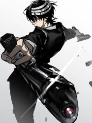 Rule 34 | 1boy, aiming, aiming at viewer, black hair, black jacket, bullet, commentary, death the kid, formal, glint, gun, highres, holding, holding gun, holding weapon, jacket, jewelry, long sleeves, looking at viewer, ma0ma0 0, male focus, ring, short hair, solo, soul eater, suit, weapon, white hair, yellow eyes