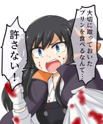 Rule 34 | 1girl, angry, asashio (kancolle), black cape, black hair, blood, blue eyes, cape, commentary request, dress, gloves, grabbing, kantai collection, konokiya, long hair, long sleeves, open mouth, pinafore dress, shirt, simple background, sleeveless dress, solo, teeth, translation request, upper body, white background, white gloves, white shirt