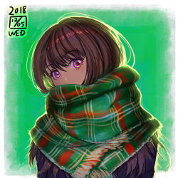Rule 34 | 1girl, blue scarf, covered mouth, dated, enpera, green background, green scarf, highres, ikeda (cpt), long hair, looking at viewer, original, purple eyes, purple shirt, scarf, scarf over mouth, shirt, solo, upper body
