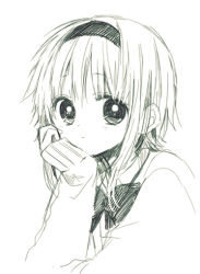 Rule 34 | 1girl, anzu (o6v6o), bow, bowtie, cardigan, expressionless, greyscale, gumi, hairband, head rest, long sleeves, looking at viewer, monochrome, school uniform, short hair with long locks, simple background, sketch, sleeves past wrists, solo, upper body, vocaloid, white background