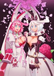 Rule 34 | 2girls, armlet, blue eyes, breasts, cleavage, dress, elphelt valentine, flower, guilty gear, guilty gear xrd, highres, holding hands, kitsune23star, large breasts, multiple girls, pink hair, selfcest, spiked armlet, wedding dress, white hair