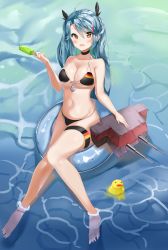 Rule 34 | 1girl, absurdres, antenna hair, azur lane, bare shoulders, bikini, bird, black bikini, black ribbon, blush, breasts, choker, cleavage, collarbone, commentary request, duck, from above, full body, german flag, hair between eyes, highres, innertube, kuse (0201), large breasts, long hair, looking at viewer, multicolored hair, navel, prinz eugen (azur lane), prinz eugen (unfading smile) (azur lane), red hair, ribbon, silver hair, smile, solo, streaked hair, swim ring, swimsuit, two side up, very long hair, water