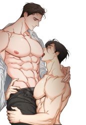 Rule 34 | 2boys, abs, bara, bare pectorals, bgp 122, black hair, black pants, closed mouth, highres, large pectorals, licking, licking nipple, looking at another, male focus, multiple boys, muscular, muscular male, navel, nipple stimulation, nipples, open clothes, open shirt, original, pants, pectorals, shirt, short hair, tongue, tongue out, white shirt, yaoi