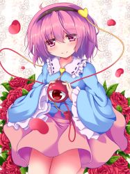 Rule 34 | 1girl, ahoge, blouse, blue shirt, blush, commentary request, flower, frilled sleeves, frills, hair between eyes, hairband, head tilt, heart, highres, holding, komeiji satori, lace background, leaf, long sleeves, looking at viewer, petals, pink eyes, pink hair, pink skirt, red flower, red rose, rose, rose petals, seiza, shirt, short hair, sitting, skirt, smile, solo, third eye, touhou, two-tone background, unory, untucked shirt, wide sleeves