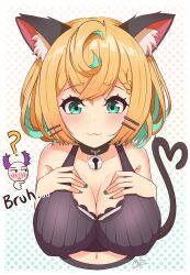 Rule 34 | 1girl, :3, ahoge, animal ears, bare shoulders, bell, blonde hair, blush, bra, braid, breasts, cat ears, cat tail, cleavage, collar, english text, green eyes, green nails, hair between eyes, hair ornament, hairclip, highres, large breasts, looking down, millie parfait, mizmillificent, navel, nijisanji, nijisanji en, question mark, shirt, short hair, signature, simple background, smile, solo, solo focus, tail, underwear, upper body, virtual youtuber