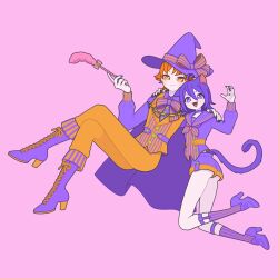 Rule 34 | 2boys, animal ears, boots, cat ears, cat tail, cat teaser, commentary request, full body, halloween costume, hand on another&#039;s shoulder, hand up, hat, high heels, highres, holding, juuouin kakeru, king of prism, knee boots, long sleeves, looking at viewer, male focus, multiple boys, nyaasechan, open mouth, orange eyes, orange hair, orange pants, pants, pink background, pretty rhythm, pretty series, purple eyes, purple footwear, purple hair, purple hat, purple shirt, purple shorts, shirt, shoes, short hair, shorts, simple background, sitting, smile, suzuno yuu, tail, witch hat