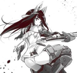 Rule 34 | 1girl, agatsuma kaede, alice gear aegis, animal ears, ass, boots, eyebrows hidden by hair, fake animal ears, from side, greyscale, highres, holding, holding sword, holding weapon, ishiyumi, looking at viewer, mecha musume, mechanical ears, armored boots, monochrome, solo, sword, thigh boots, thighhighs, weapon, white background