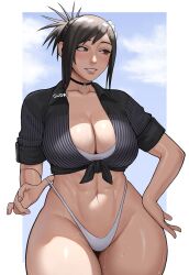 Rule 34 | 1girl, abs, bikini, bikini under clothes, breasts, brown eyes, choker, cleavage, crop top, eyelashes, final fantasy, final fantasy vii, final fantasy vii rebirth, final fantasy vii remake, front-tie top, gud0c, highres, large breasts, legs together, light blush, looking to the side, official alternate costume, smile, solo, swimsuit, thighs, thong bikini, tifa lockhart, tifa lockhart (majestic glamour), wet, white bikini