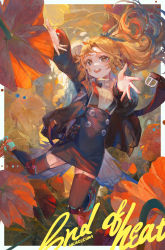 Rule 34 | 1girl, :d, absurdres, arknights, bird girl, bird tail, black jacket, black skirt, black thighhighs, blue eyes, blush, daylightallure, english text, feather hair, flower, full body, high-waist skirt, highres, jacket, long hair, long sleeves, looking at viewer, midair, open clothes, open jacket, open mouth, outstretched arms, pinecone (arknights), ponytail, red flower, skirt, smile, solo, suspender skirt, suspenders, sweater, tail, teeth, thighhighs, turtleneck, turtleneck sweater, upper teeth only, yellow sweater, zettai ryouiki