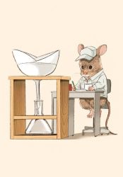 Rule 34 | animal, animal ears, beaker, chair, commentary request, desk, fujiwara yoshito, funnel, glass, lab coat, mouse (animal), mouse ears, mouse tail, original, pink background, science, simple background, sitting, tail, white headwear, writing