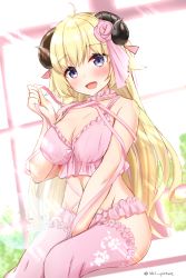 Rule 34 | 1girl, :d, animal ears, blonde hair, blush, breasts, camisole, choker, cleavage, commentary request, ex idol, frilled camisole, frilled choker, frilled thighhighs, frills, hair ribbon, highres, hololive, horns, large breasts, long hair, looking at viewer, open mouth, panties, pink choker, pink panties, pink ribbon, pink thighhighs, purple eyes, ribbon, sheep ears, sheep girl, sheep horns, sitting, smile, solo, thighhighs, tsunomaki watame, twitter username, underwear, very long hair, virtual youtuber