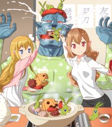 Rule 34 | 1boy, 2girls, bad food, blonde hair, blue skin, brown hair, cellphone, chopsticks, colored skin, commentary request, crying, crying with eyes open, eggplant, elf, feeding, hotpot, indoors, mandragora, multiple girls, mushi gyouza, onion, orc, original, phone, pointy ears, red eyes, red hair, selfie, siblings, sisters, tears, translated
