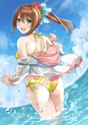 Rule 34 | 1girl, akihila, ass, bikini, blue sky, brown hair, cloud, commentary request, day, floral print, from behind, green bikini, green eyes, highres, hood, hooded jacket, hoodie, jacket, lens flare, long hair, moe2018, open mouth, original, outdoors, ponytail, running, sky, smile, solo, splashing, swimsuit, water, white jacket