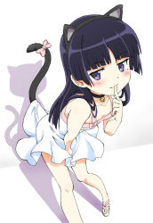 Rule 34 | 1girl, animal ears, bell, neck bell, black hair, bow, cat ears, cat tail, collar, covering privates, covering crotch, dress, finger to mouth, ginmaru, gokou ruri, highres, jingle bell, leaning forward, long hair, mole, mole under eye, ore no imouto ga konna ni kawaii wake ga nai, purple eyes, sandals, shadow, solo, sundress, tail, tail bow, tail ornament