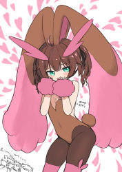 Rule 34 | 1girl, alternate color, animal ears, bare arms, bare shoulders, black ribbon, blush, breasts, brown hair, brown leotard, brown thighhighs, cosplay, creatures (company), croagunk, drowzee, game freak, gen 1 pokemon, gen 4 pokemon, gen 8 pokemon, greedent, green eyes, hair ribbon, hands up, heart, highres, hololive, large ears, leotard, looking at viewer, lopunny, lopunny (cosplay), medium hair, natsuiro matsuri, nintendo, pantyhose, pink thighhighs, pokemon, rabbit ears, ribbon, sabaku chitai, shiny pokemon, small breasts, smile, solo, standing, thighhighs, two side up, virtual youtuber, wristband
