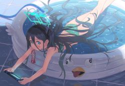 Rule 34 | 1girl, absurdres, alternate costume, aris (blue archive), blue archive, blue eyes, blue hair, blush, dark blue hair, drinking, hair between eyes, halo, headband, highres, hose, long hair, looking at viewer, peroro (blue archive), playing games, solo, swimsuit, very long hair, wading pool, water, wet