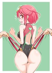 Rule 34 | 1girl, ahoge, ass, backboob, bare shoulders, blush, breasts, circlet, cougar (cougar1404), embarrassed, from behind, huge ass, jiggle, looking back, nintendo, one-piece swimsuit, open mouth, pyra (pro swimmer) (xenoblade), pyra (xenoblade), red eyes, red hair, shiny clothes, shiny skin, short hair, sideboob, smile, solo, suspenders, suspenders pull, swimsuit, wedgie, xenoblade chronicles (series), xenoblade chronicles 2
