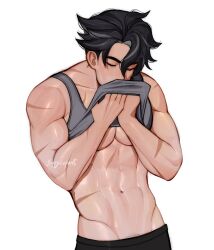 Rule 34 | 1boy, absurdres, artist name, bara, bare pectorals, black hair, black pants, closed eyes, clothes lift, genshin impact, grey hair, grey tank top, highres, large pectorals, male focus, muscular, muscular male, navel, pants, pectorals, scar, scar on arm, short hair, simple background, sippycupart, solo, tank top, white background, wriothesley (genshin impact)