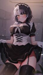 Rule 34 | 1girl, apron, black choker, black dress, black hair, blush, breasts, choker, cleavage, clothes lift, corrupted twitter file, dress, frilled apron, frills, garter straps, grey hair, hair ornament, highres, hololive, hololive english, kotodekun, large breasts, long hair, looking at viewer, maid, maid apron, maid headdress, multicolored hair, puffy short sleeves, puffy sleeves, shiori novella, short sleeves, skirt, skirt lift, smile, solo, split-color hair, thighhighs, two-tone hair, virtual youtuber, waist apron, white apron, yellow eyes