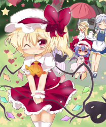 Rule 34 | &gt; &lt;, 5girls, apron, ascot, bat wings, blonde hair, blue dress, blue hair, book, bow, chair, closed eyes, cup, dress, fairy maid (touhou), female focus, flandre scarlet, hat, hat bow, heart, house, izayoi sakuya, laevatein, long hair, maid, maid apron, maid headdress, multiple girls, muuba, one eye closed, open book, parasol, patchouli knowledge, pink dress, pink eyes, puffy sleeves, purple dress, purple eyes, reading, red dress, remilia scarlet, shirt, short hair, short sleeves, siblings, side ponytail, silver hair, sisters, sitting, skirt, skirt set, smile, standing, star (symbol), striped clothes, striped dress, teacup, teapot, thighhighs, touhou, tray, tree, umbrella, v arms, very long hair, vest, waist apron, white legwear, wings, wink, wrist cuffs, zettai ryouiki