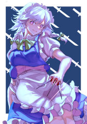 Rule 34 | 1girl, absurdres, apron, blue skirt, blue vest, bow, bowtie, braid, commentary, cowboy shot, frilled apron, frilled skirt, frills, green bow, hair bow, highres, holding, holding knife, izayoi sakuya, knife, looking at viewer, luan ib, maid, maid apron, maid headdress, pink eyes, puffy short sleeves, puffy sleeves, shirt, short hair, short sleeves, sideways glance, skirt, smile, solo, throwing knife, touhou, twin braids, vest, weapon, white hair, white shirt