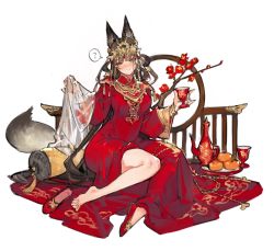 Rule 34 | 1girl, :q, ?, animal ears, cup, dress, drinking glass, fox ears, fox tail, hair ornament, hair rings, original, red dress, starshadowmagician, tail, tongue, tongue out, wedding dress, white background, wine glass