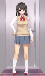 Rule 34 | 1girl, arm at side, black hair, blue eyes, blurry, blurry background, blush, bow, bowtie, collared shirt, cubicle, eto, full body, grey skirt, groin, hand on own hip, highres, indoors, kneehighs, latch, locking, long sleeves, looking at viewer, miniskirt, original, pleated skirt, school uniform, shirt, shoes, skirt, socks, solo, standing, striped bow, striped bowtie, striped clothes, striped neckwear, sweater vest, tile floor, tiles, two side up, uwabaki, white shirt, white socks, wing collar