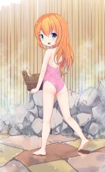 Rule 34 | 1girl, ass, barefoot, blonde hair, blue eyes, feet, from behind, full body, legs, long hair, looking at viewer, looking back, one-piece swimsuit, onsen, open mouth, original, outdoors, pink one-piece swimsuit, qkracho (thesdroz), smile, soles, solo, steam, strapless, strapless one-piece swimsuit, swimsuit, thighs, toes, walking