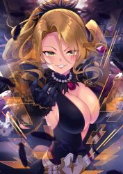 Rule 34 | 1girl, absurdres, bad id, bad pixiv id, belt, black dress, blurry, blurry foreground, breasts, brown hair, christina (princess connect!), cleavage, dress, falling feathers, feathers, from above, gauntlets, gem, grin, hair between eyes, highres, ichiren namiro, jewelry, looking at viewer, moon, necklace, night, night sky, parted bangs, pearl choker, pearl necklace, plunging neckline, ponytail, princess connect!, reaching, reaching towards viewer, sideboob, sky, smile, sword, tight clothes, tight dress, tsurime, weapon, white belt