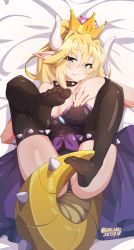 Rule 34 | 1girl, :3, artist name, bed sheet, black nails, black thighhighs, blonde hair, blue eyes, bowsette, bracelet, breasts, collar, commentary, crown, dated, dress, eyes visible through hair, fang, fang out, feet, hair between eyes, highres, horns, jewelry, large breasts, legs up, long hair, looking at viewer, lying, mario (series), nail polish, new super mario bros. u deluxe, nintendo, on back, pointy ears, ponytail, smile, solo, spiked bracelet, spiked collar, spiked tail, spikes, strapless, strapless dress, super crown, tail, thighhighs, tilt-shift (azalanz), toes
