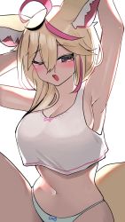 Rule 34 | 1girl, ahoge, animal ear fluff, animal ears, armpits, arms behind head, arms up, blonde hair, blush, breasts, cleavage, crop top, fox ears, fox girl, fox tail, highres, hololive, leg up, looking at viewer, midriff, multicolored eyes, multicolored hair, navel, omaru polka, one eye closed, open mouth, panties, pink hair, purple eyes, shirt, sideboob, simple background, solo, stomach, tail, thong, two-tone hair, underwear, virtual youtuber, white background, white panties, white shirt, yawning, yellow eyes, yuuppi